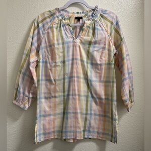 Talbots Ruffle Tunic Blouse Rainbow Plaid Lightweight Ladder Trim Split Neck XS